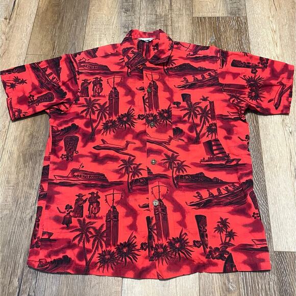 Vintage 1960s Loop Collar Hawaiian Camp Shirt L Gold Buttons Made In Hawaii Red - Picture 2 of 9